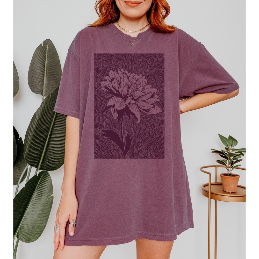 Botanical Flower Line Drawing Graphic Tee Black and White Engraving Art